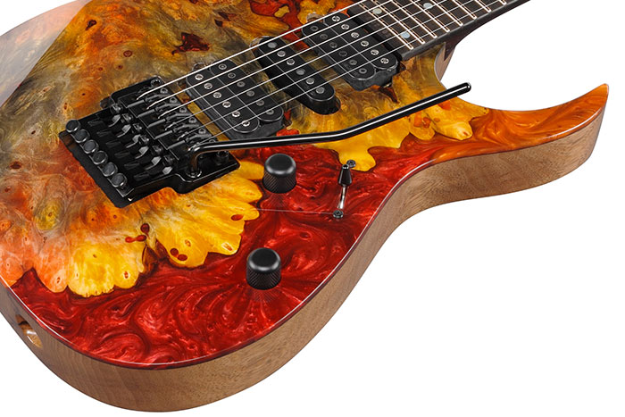 Buckeye Burl (4mm) & Red Resin top / Black Limba body